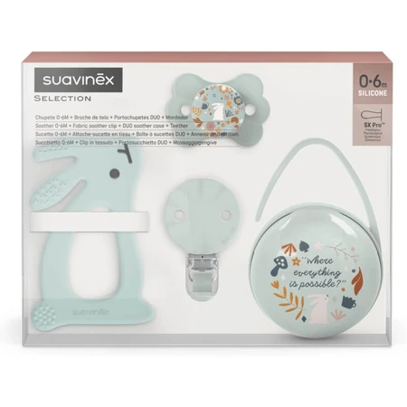 Suavinex Wonder Gift Set: 2 pacifiers (0–6 months), clip, and green teething ring