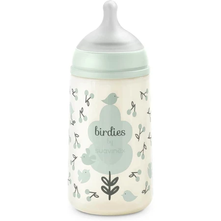 Suavinex Birdies – Babyflasche mit SX Pro-Silikonsauger mit mittlerem Durchfluss und Anti-Kolik-Funktion, ab 3 Monaten, grün, 270 ml