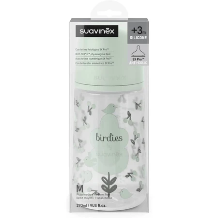 Suavinex Birdies – Babyflasche mit SX Pro-Silikonsauger mit mittlerem Durchfluss und Anti-Kolik-Funktion, ab 3 Monaten, grün, 270 ml