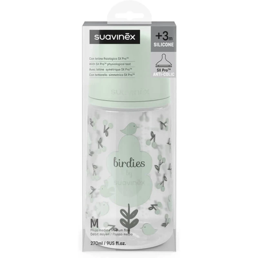 Suavinex Birdies – Babyflasche mit SX Pro-Silikonsauger mit mittlerem Durchfluss und Anti-Kolik-Funktion, ab 3 Monaten, grün, 270 ml