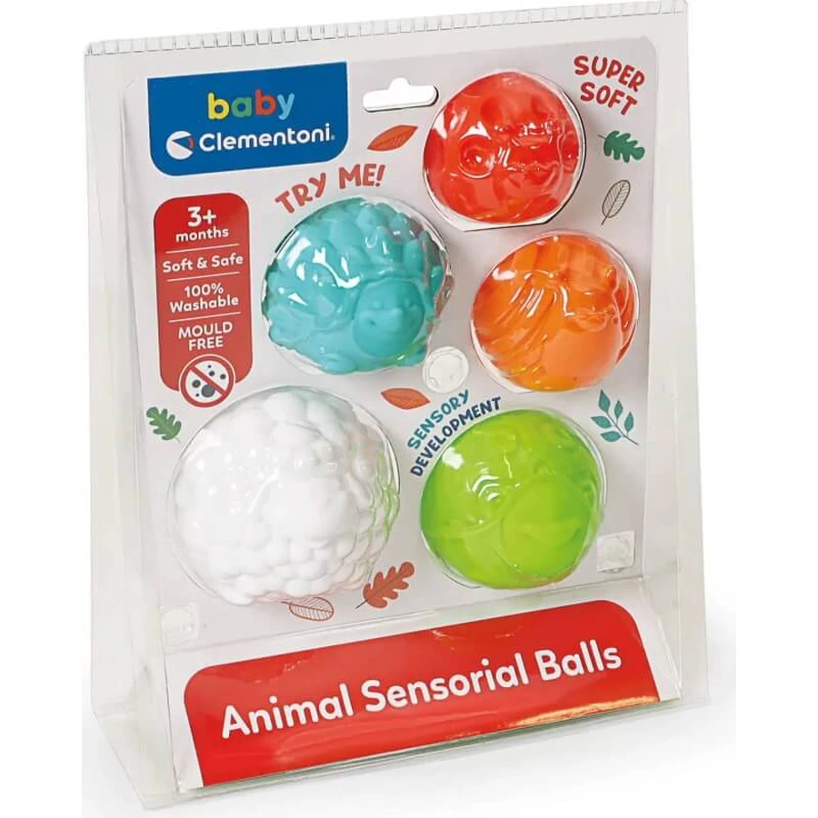 Bolas sensoriales con forma de animales de Clementoni: juego de 5 bolas sensoriales, a partir de 3 meses