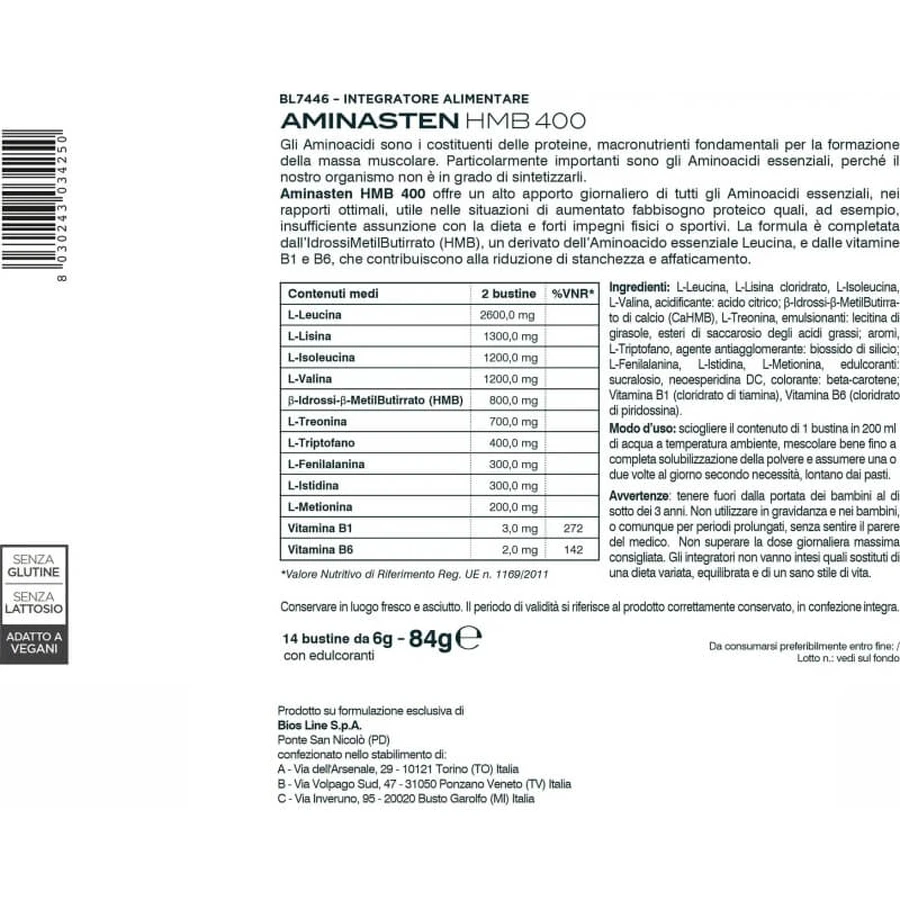 Principium Aminasten HMB 400 - Supplement tegen vermoeidheid en uitputting, 14 zakjes