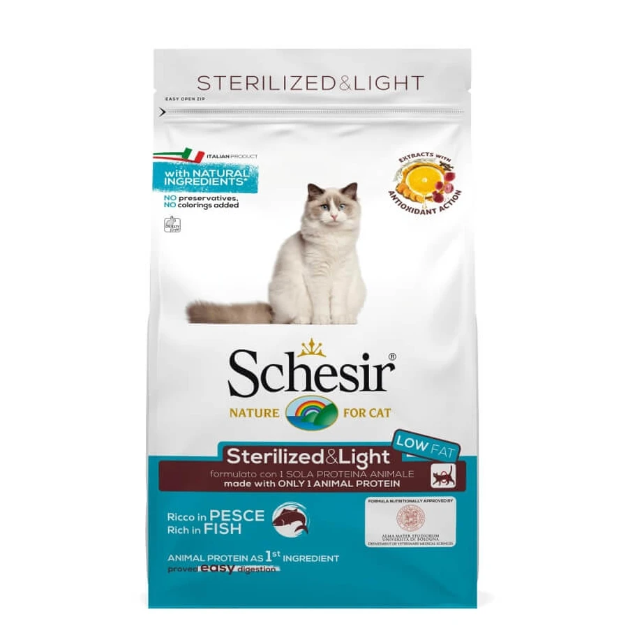 Schesir Sterilized &amp; Light Fish - Alimento completo para gatos adultos esterilizados, 400 g