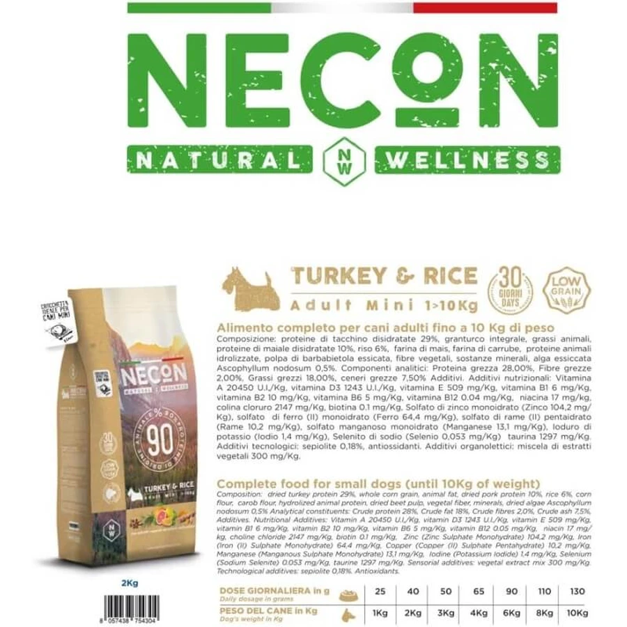 Necon Pet Food Natural Wellness Adult Mini with Turkey and Rice - Complete Food for Small Adult Dogs, 2 kg