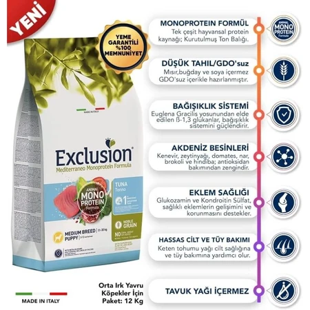Exclusion Mediterraneo Noble Grain Monoprotein Tuna - Pienso completo para cachorros de tamaño mediano, 3 kg
