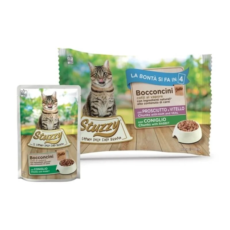 Stuzzy Bocconcini Multipack: Kalbs- und Kaninchenschinken – Alleinfuttermittel für ausgewachsene Katzen, 4 x 85 g