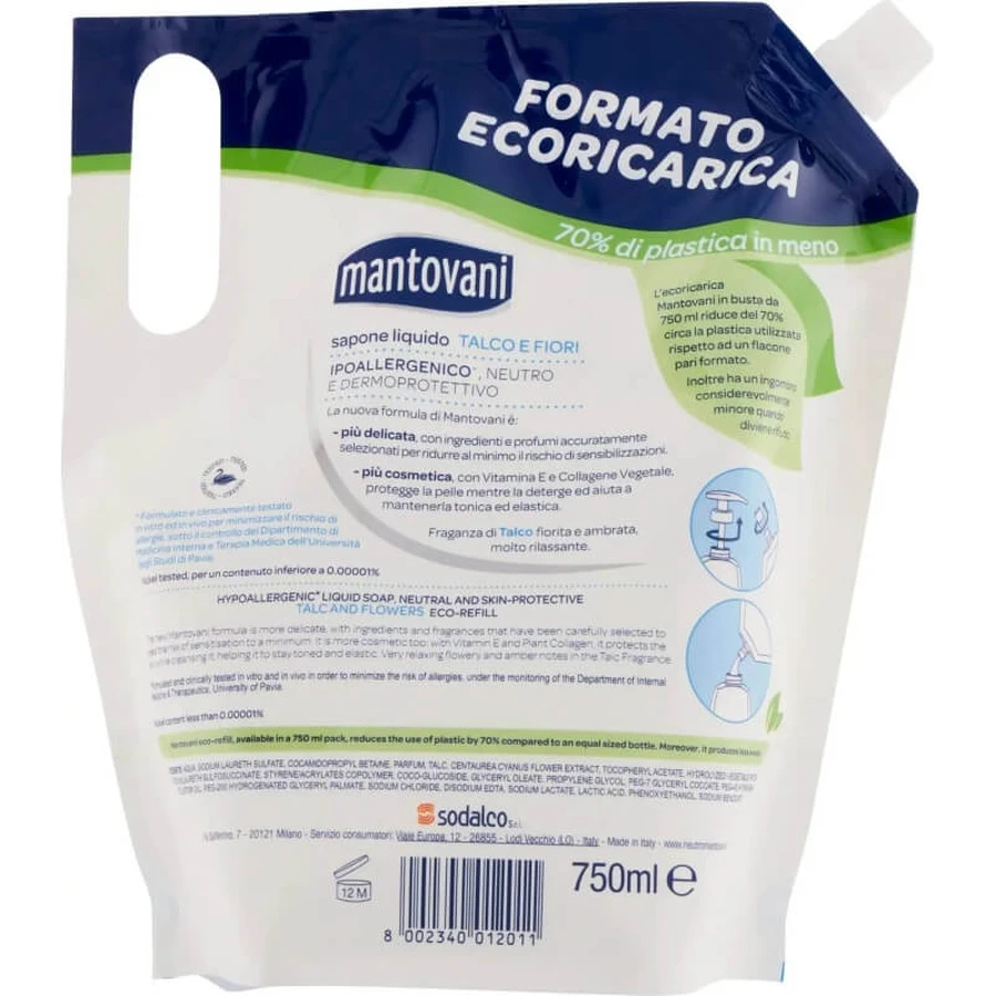 Mantovani Talco e Fiori - Savon liquide hypoallergénique - Recharge de 750 ml