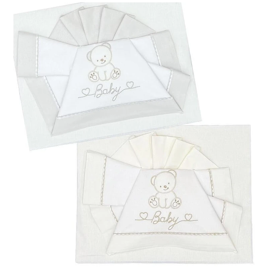 Andy &amp; Helen Complete Crib Set - 2 sheets + 1 pillowcase with bear embroidery - gray