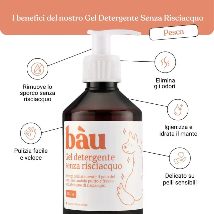 Bau Cosmetics Reinigingsgel met perzikgeur voor honden, zonder spoelen, 250 ml