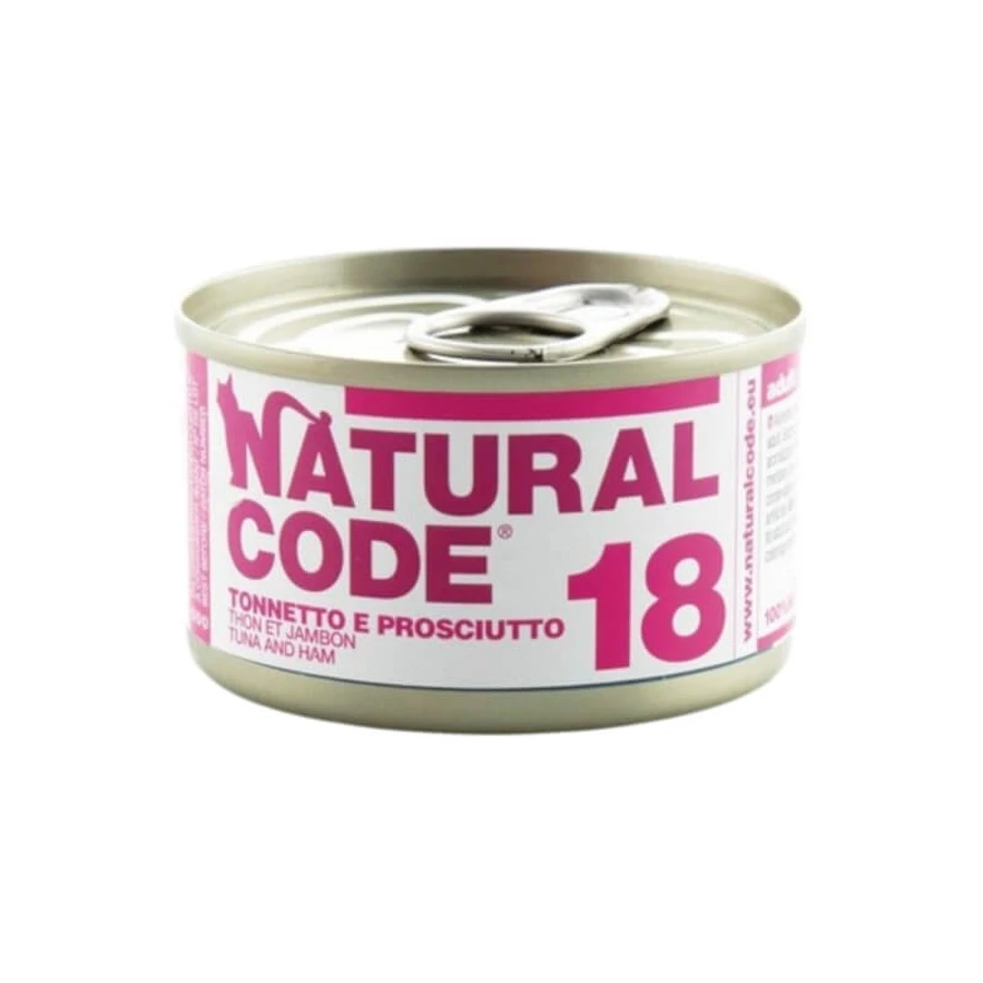 Natural Code 18 Atún y jamón - Alimento completo para gatos adultos, 85 g