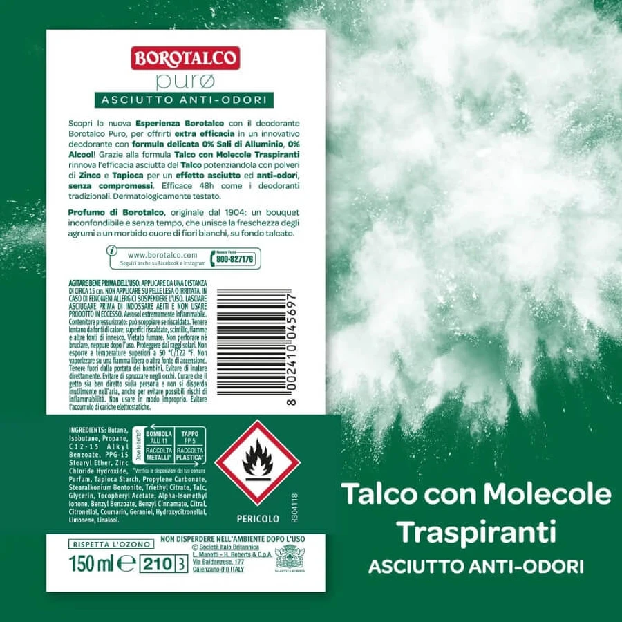 Poudre de talc pure, parfum talc - Déodorant en spray 48 heures, 150 ml
