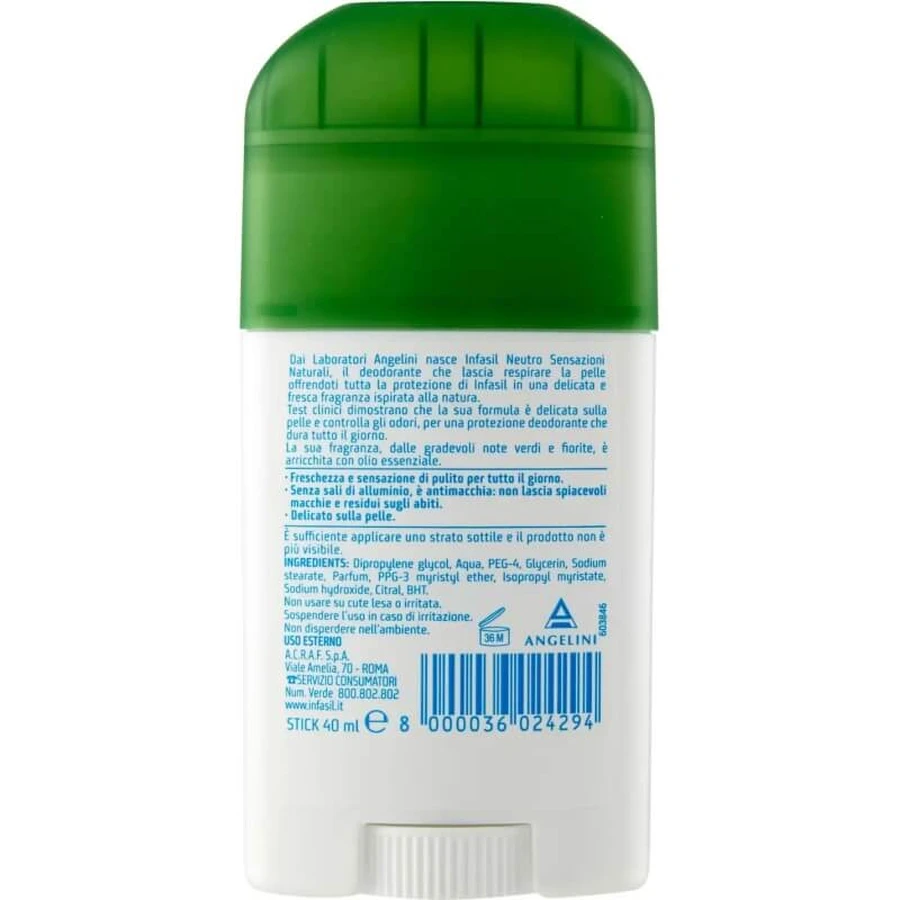 Infasil Neutro Natural Sensations - Desodorante en barra que evita las manchas, 40 ml