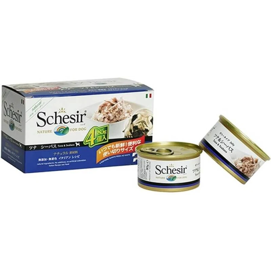 Schesir para perros, paquete múltiple de atún y lubina: alimento completo para perros adultos, 4 x 85 g