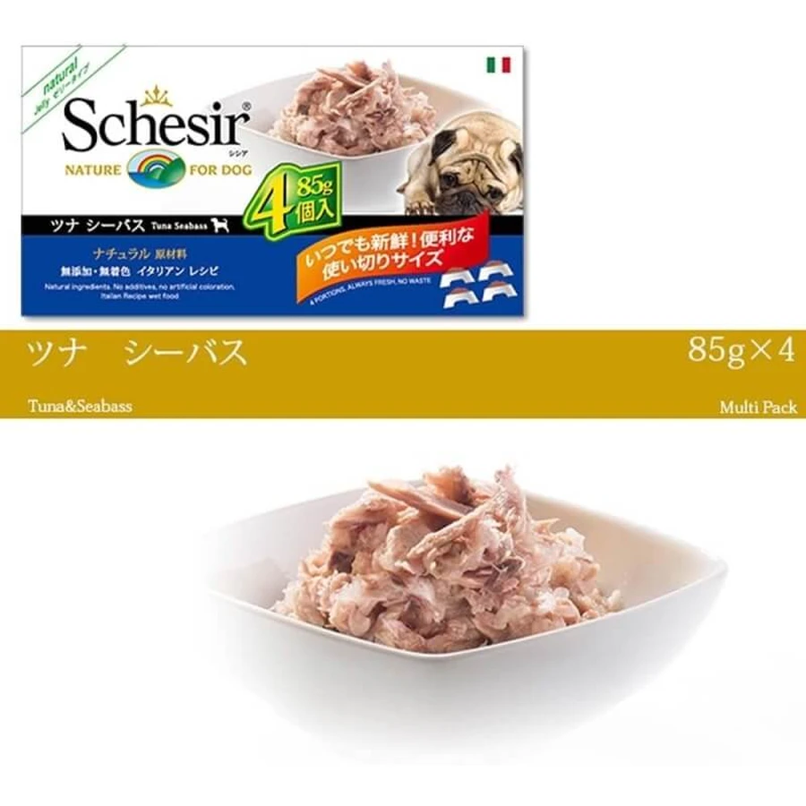 Schesir para perros, paquete múltiple de atún y lubina: alimento completo para perros adultos, 4 x 85 g