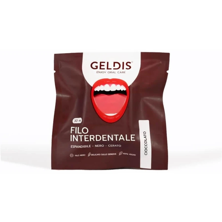 Geldis Chocolate - Black Waxed Expandable Dental Floss, 30 meters