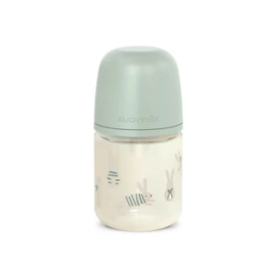 Suavinex Wonderland - Glazen babyfles met groene siliconen speen in de vorm van een konijn, 120 ml