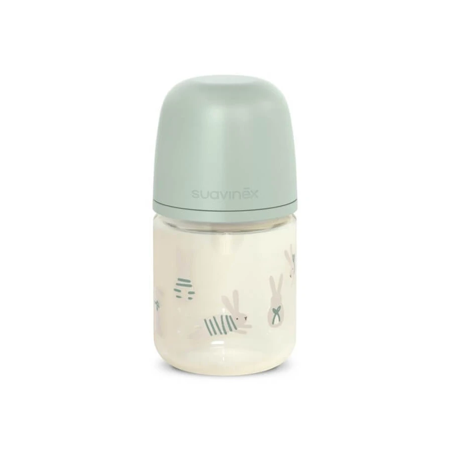 Suavinex Wonderland - Glazen babyfles met groene siliconen speen in de vorm van een konijn, 120 ml