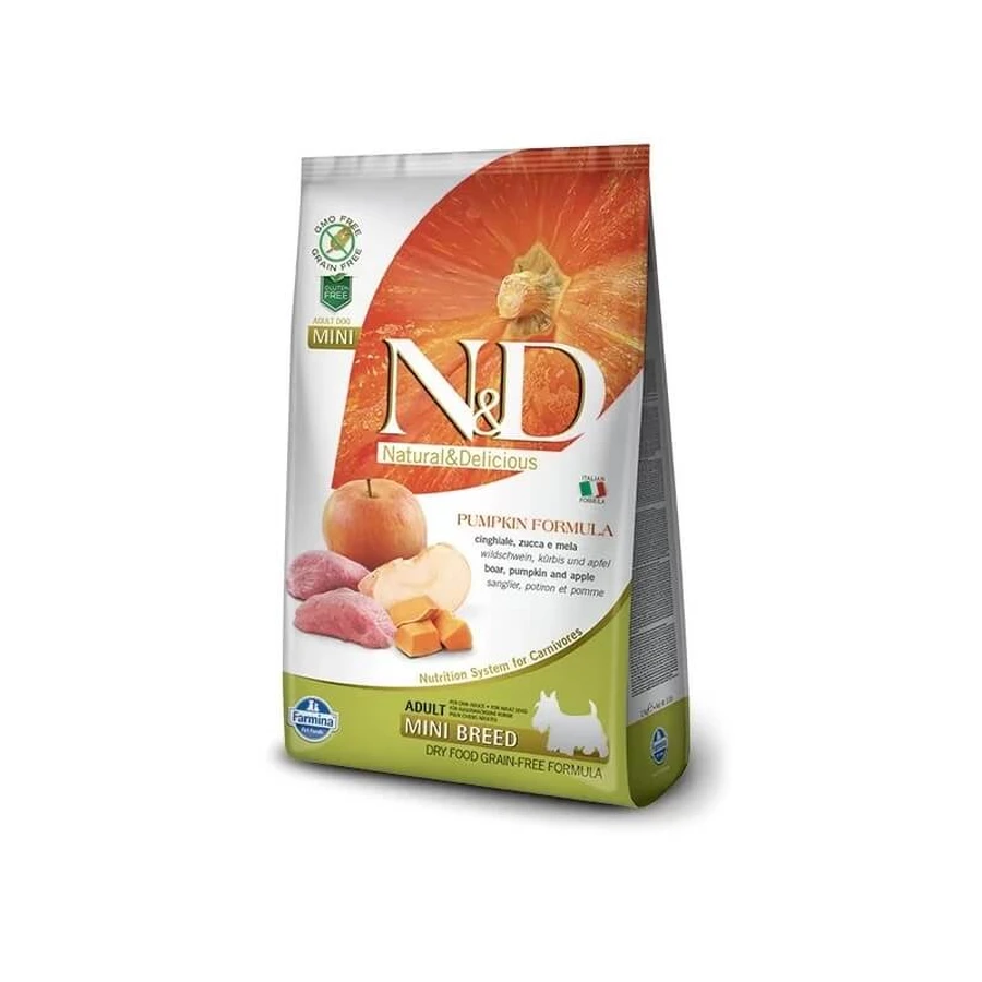 Farmina N&amp;d Pumpkin sin cereales para perros adultos de raza pequeña: jabalí, calabaza y manzana - Alimento completo para perros adultos, 800 g