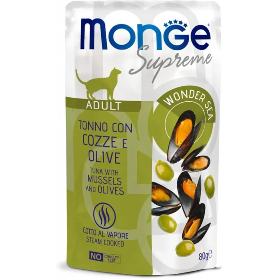Monge Supreme para gatos adultos: atún con mejillones y aceitunas - Alimento complementario para gatos adultos, 80 g