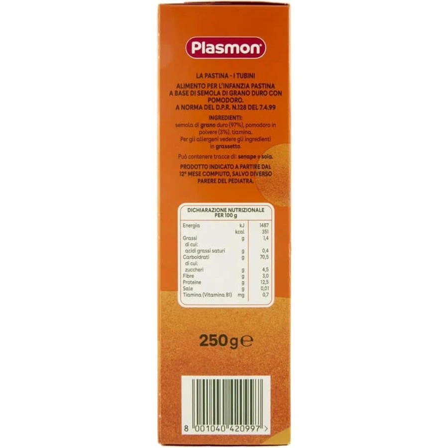 Plasmon Tubini - Pasta de trigo duro y tomate para niños, 250 g
