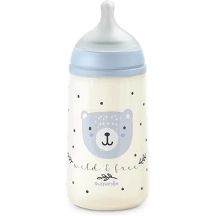 Suavinex wild&amp;free - Biberón de plástico con tetina de silicona, SX Pro, flujo medio, anticólicos, a partir de los 3 meses, azul claro, 270 ml