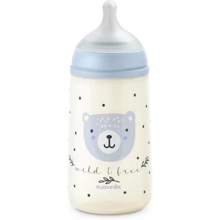 Suavinex wild&amp;free - Biberón de plástico con tetina de silicona, SX Pro, flujo medio, anticólicos, a partir de los 3 meses, azul claro, 270 ml