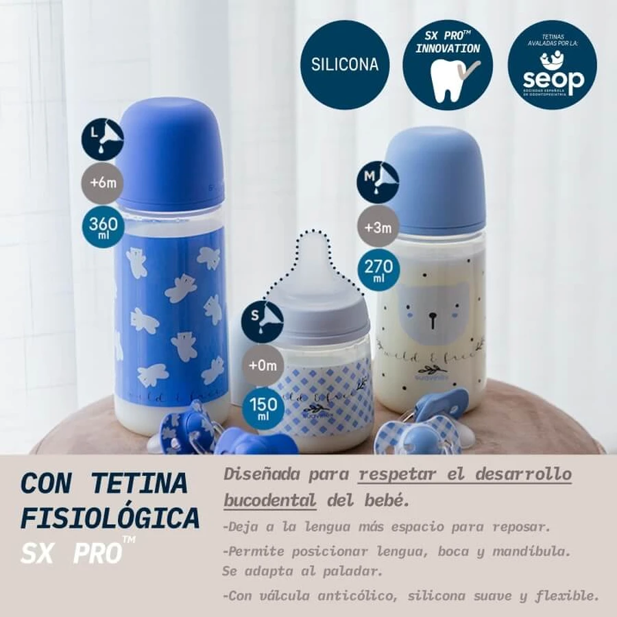 Suavinex wild&amp;free - Biberón de plástico con tetina de silicona, SX Pro, flujo medio, anticólicos, a partir de los 3 meses, azul claro, 270 ml