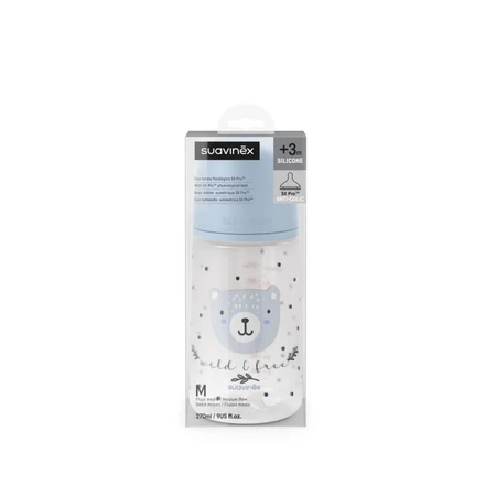 Suavinex wild&amp;free - Biberón de plástico con tetina de silicona, SX Pro, flujo medio, anticólicos, a partir de los 3 meses, azul claro, 270 ml