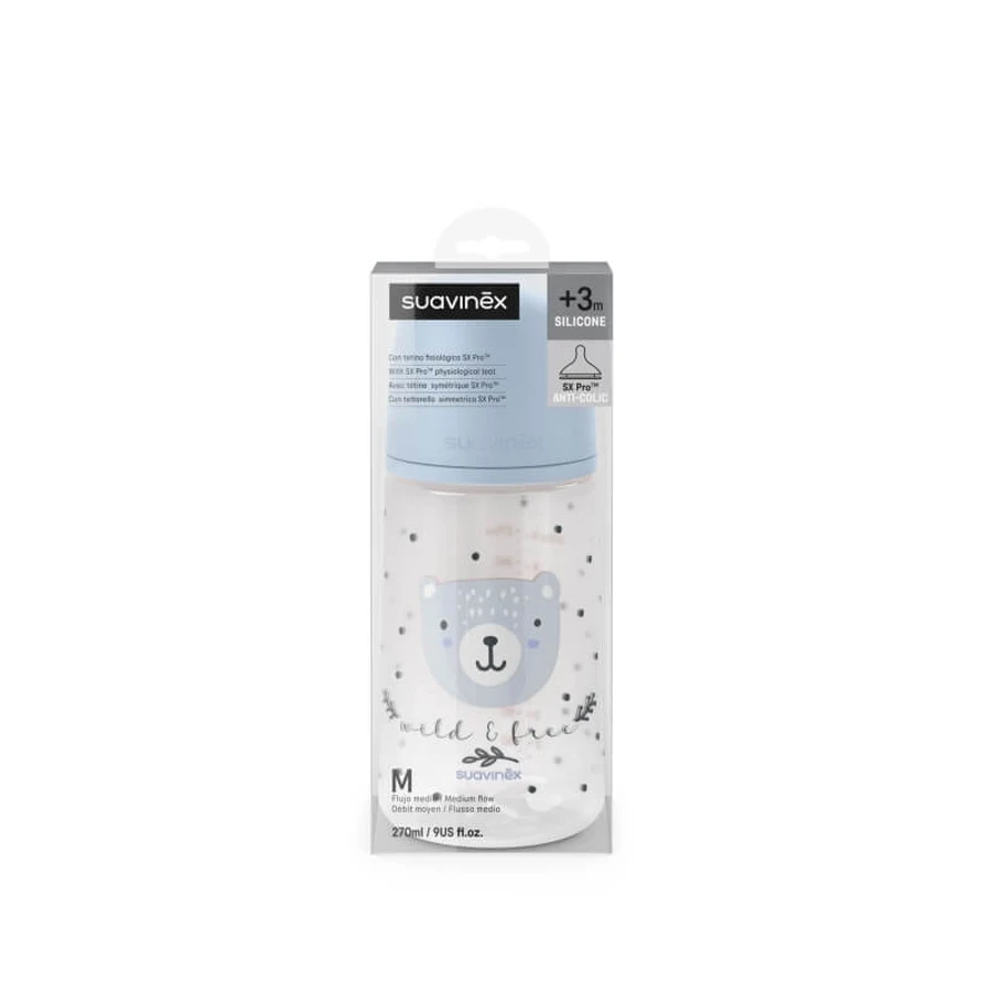 Suavinex wild&amp;free - Biberón de plástico con tetina de silicona, SX Pro, flujo medio, anticólicos, a partir de los 3 meses, azul claro, 270 ml