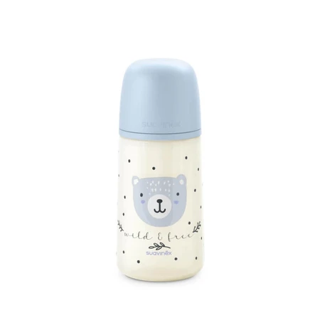 Suavinex wild&amp;free - Biberón de plástico con tetina de silicona, SX Pro, flujo medio, anticólicos, a partir de los 3 meses, azul claro, 270 ml