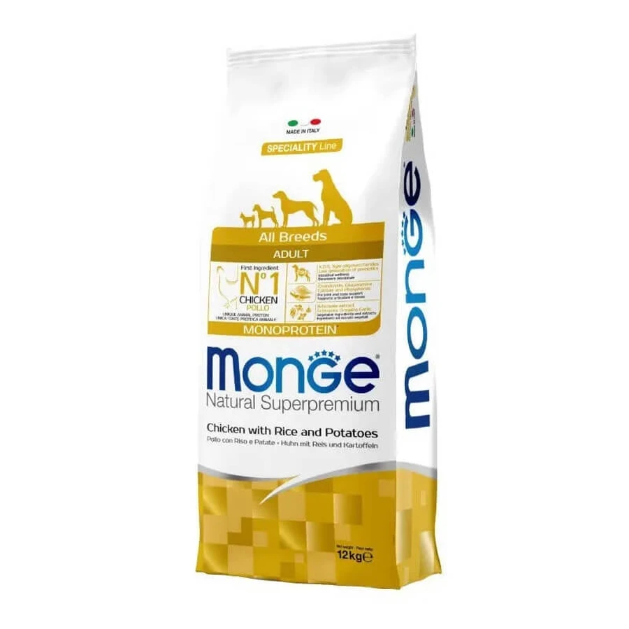 Monge All Breeds para perros adultos, con una sola proteína (pavo), arroz y patatas - Pienso seco para perros, 12 kg