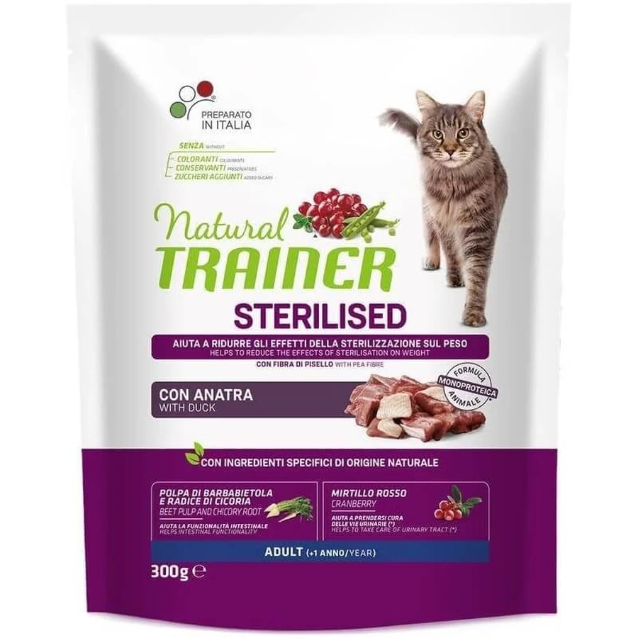 Natural Trainer Adult Sterilized Duck - Aliment complet pour chats adultes stérilisés, 300 g
