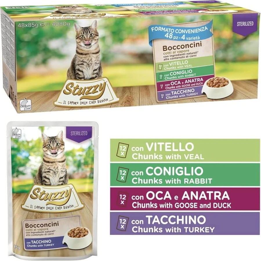 Stuzzy Megapack Multi-Flavor Bites - Aliment complet pour chats stérilisés, 48 x 85 g