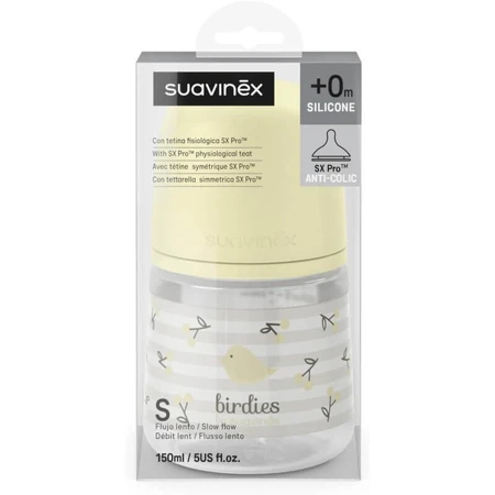 Suavinex Birdies - Babyfles met SX Pro-siliconen speen tegen koliek, vanaf 0 maanden, neutraal, 150 ml