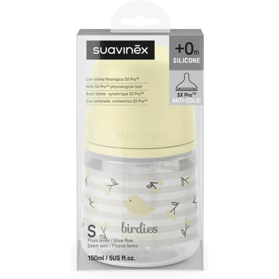 Suavinex Birdies - Babyfles met SX Pro-siliconen speen tegen koliek, vanaf 0 maanden, neutraal, 150 ml