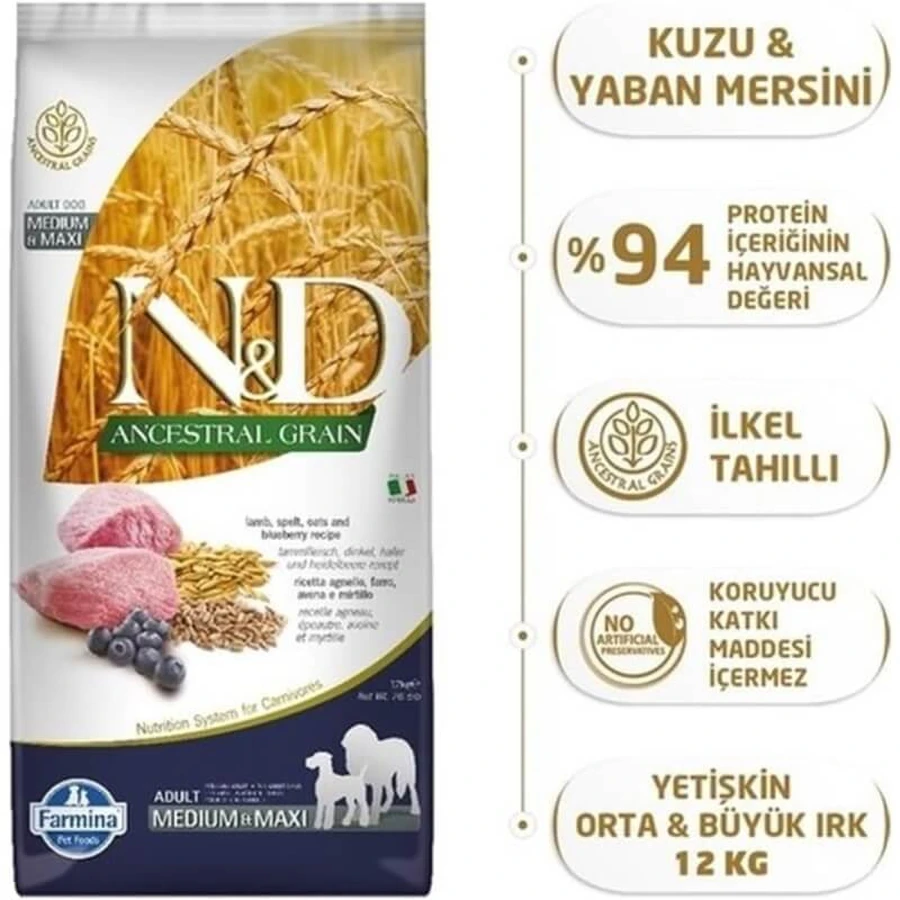 Farmina N&amp;d Ancestral Grain: Farro, Oats, Lamb, Blueberry - Complete Food for Adult Medium &amp; Maxi Dogs, 12 kg