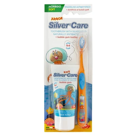 Silver Care Junior-Set – Zahnbürste mit weichen Borsten + kariesvorbeugende Zahnpasta mit Kaugummi-Geschmack, 50 ml