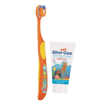 Silver Care Junior-Set – Zahnbürste mit weichen Borsten + kariesvorbeugende Zahnpasta mit Kaugummi-Geschmack, 50 ml