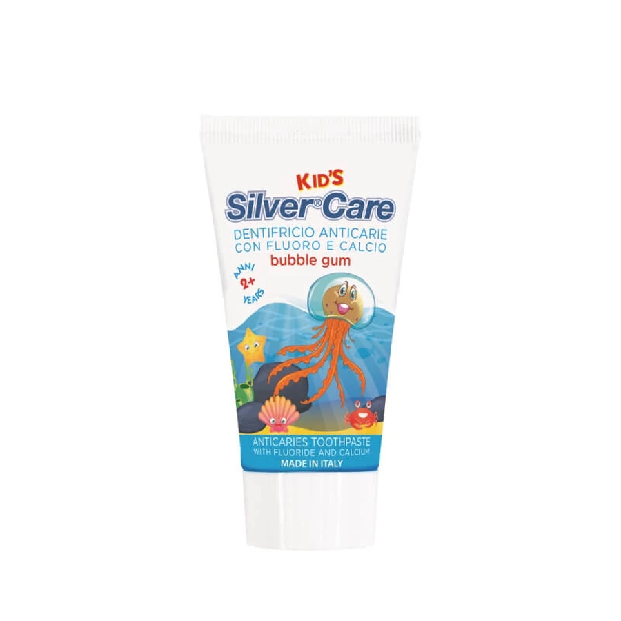 Silver Care Junior-Set – Zahnbürste mit weichen Borsten + kariesvorbeugende Zahnpasta mit Kaugummi-Geschmack, 50 ml