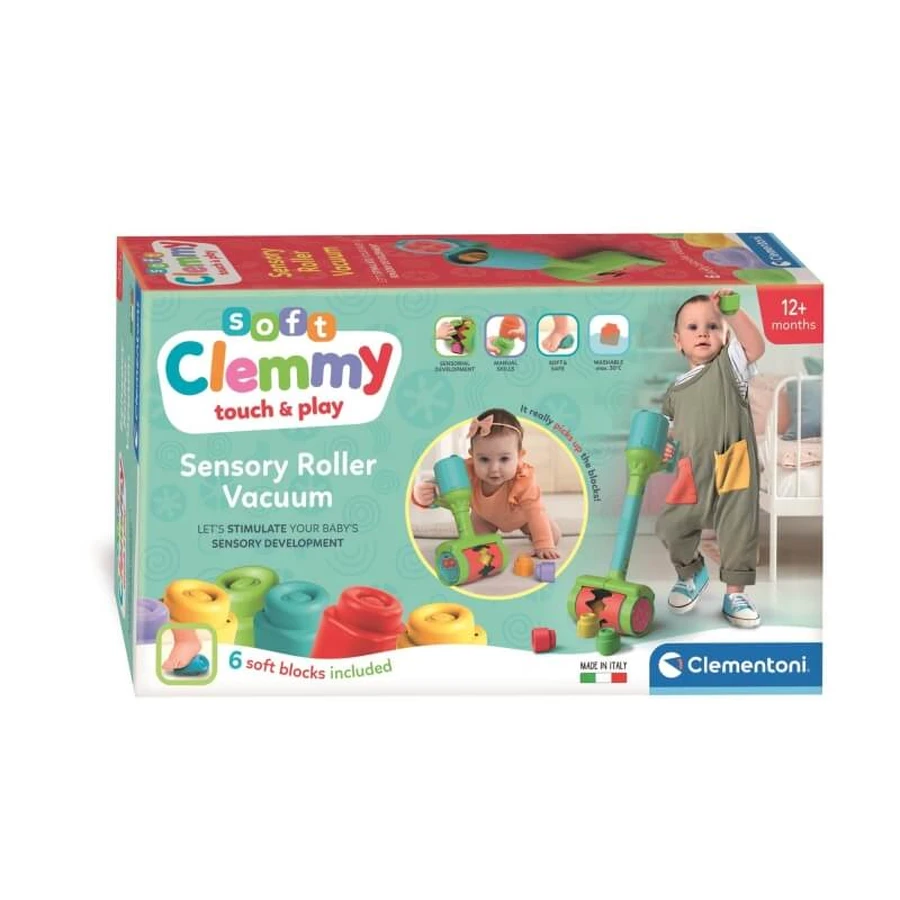 Clementoni Soft Clemmy Sensory Roller Vacuum – Spielzeugstaubsauger mit 5 weichen Blöcken