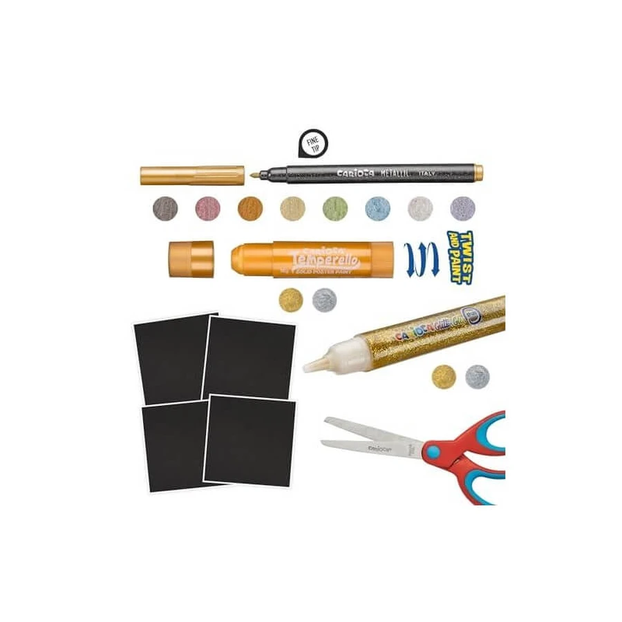 Carioca Metallic Creator - 4 sheets of black cardstock, 8 fine-tip metallic markers, 2 solid tempera paints, 2 tubes of glitter glue, and 1 pair of scissors