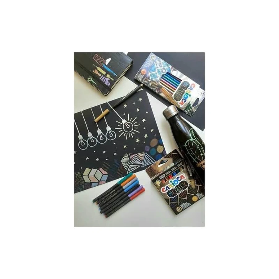 Carioca Metallic Creator - 4 sheets of black cardstock, 8 fine-tip metallic markers, 2 solid tempera paints, 2 tubes of glitter glue, and 1 pair of scissors