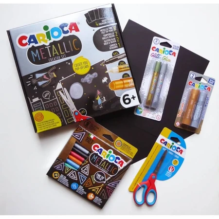 Carioca Metallic Creator - 4 sheets of black cardstock, 8 fine-tip metallic markers, 2 solid tempera paints, 2 tubes of glitter glue, and 1 pair of scissors