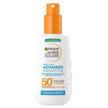 Protector solar Garnier SPF 50+ en spray, Ambre Solaire Sensitive para adultos, Ceramide Protect, protección muy alta, 150 ml