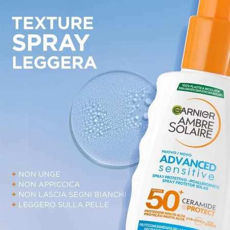 Protector solar Garnier SPF 50+ en spray, Ambre Solaire Sensitive para adultos, Ceramide Protect, protección muy alta, 150 ml
