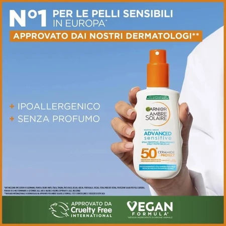 Protector solar Garnier SPF 50+ en spray, Ambre Solaire Sensitive para adultos, Ceramide Protect, protección muy alta, 150 ml