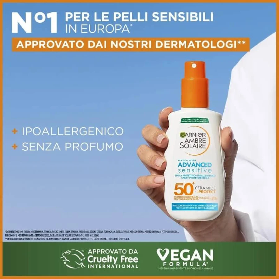 Protector solar Garnier SPF 50+ en spray, Ambre Solaire Sensitive para adultos, Ceramide Protect, protección muy alta, 150 ml