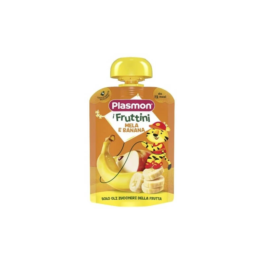 Purée de fruits Plasmon Pomme et Banane pour bébés - sachets de purée homogénéisée pour les bébés à partir de 12 mois, 130 g