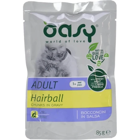 Oasy Wet Cat Chicken Hairball Bites – Alleinfuttermittel für erwachsene Katzen mit Haarballen, 85 g