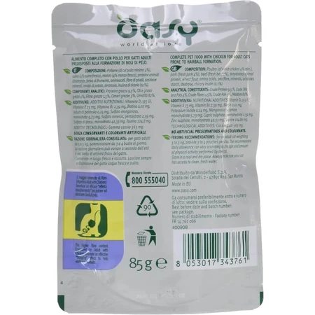 Oasy Wet Cat Chicken Hairball Bites – Alleinfuttermittel für erwachsene Katzen mit Haarballen, 85 g
